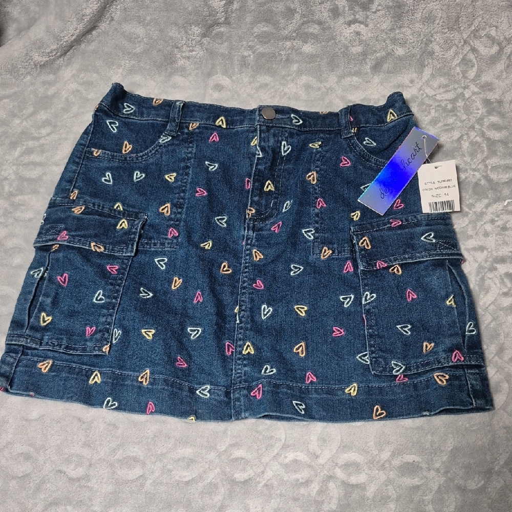 Girls Derek Heart Denim Skirt with Colorful Heart Accents Size14